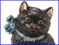 Charming Old Hubley Cast Iron Black Cat Kitten Blue Ribbon Door Stop Doorstop