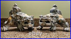 Chinese Cast Iron Fierce Foo Dog Figure Door Stop Heavy Metal Pair Vintage