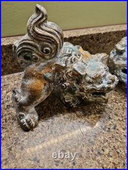 Chinese Cast Iron Fierce Foo Dog Figure Door Stop Heavy Metal Pair Vintage