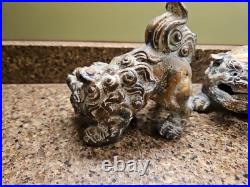 Chinese Cast Iron Fierce Foo Dog Figure Door Stop Heavy Metal Pair Vintage