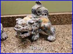 Chinese Cast Iron Fierce Foo Dog Figure Door Stop Heavy Metal Pair Vintage