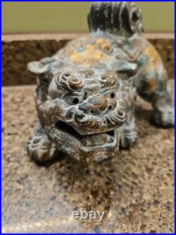 Chinese Cast Iron Fierce Foo Dog Figure Door Stop Heavy Metal Pair Vintage