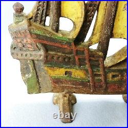 Doorstop Cast Iron Galleon Ship Painted with Red Cross on Sails