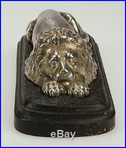 FINE ANTIQUE 19thC CAST IRON DOOR STOP / WEIGHT WITH SILVERED LION BROAD ARROW