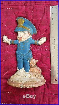 Hubley Antique Doorstop Of USA Police Boy Badge Whistle Dog Cast Iron Statue