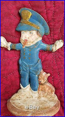 Hubley Antique Doorstop Of USA Police Boy Badge Whistle Dog Cast Iron Statue
