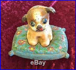 Hubley Cast Iron Antique Puppy On Pillow Door Stop Early 1900s Rare Vintage Dog