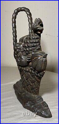 Huge antique original cast iron flower basket bouquet heavy figural doorstop Huge antique original cast iron flower basket bouquet heavy figural doorstop