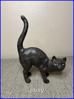 J W FISKE Black Cat Cast Iron Doorstop Arched Back Tail Up Green Eyes Branded