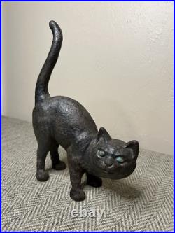 J W FISKE Black Cat Cast Iron Doorstop Arched Back Tail Up Green Eyes Branded