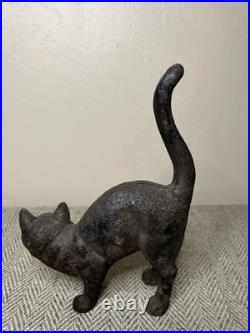J W FISKE Black Cat Cast Iron Doorstop Arched Back Tail Up Green Eyes Branded