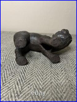 J W FISKE Black Cat Cast Iron Doorstop Arched Back Tail Up Green Eyes Branded