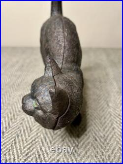 J W FISKE Black Cat Cast Iron Doorstop Arched Back Tail Up Green Eyes Branded