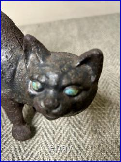 J W FISKE Black Cat Cast Iron Doorstop Arched Back Tail Up Green Eyes Branded