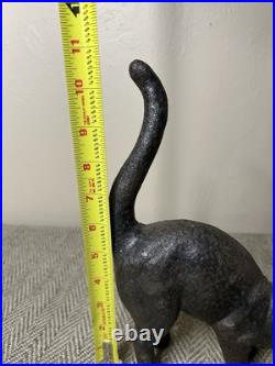 J W FISKE Black Cat Cast Iron Doorstop Arched Back Tail Up Green Eyes Branded