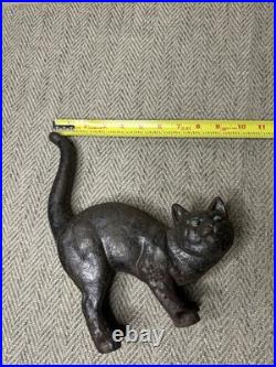J W FISKE Black Cat Cast Iron Doorstop Arched Back Tail Up Green Eyes Branded