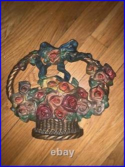 LACS Hubley Antique Cast Iron Door Stop Basket Of Roses Floral