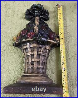 LARGE 15 ANTIQUE Cast Iron Doorstop Flower Basket Hand Painted