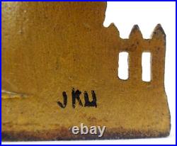 LATE 19TH C ANTIQUE CAST IRON COTTAGE DOORSTOP IN ORIG PAINT, WithFENCING, FLOWERS