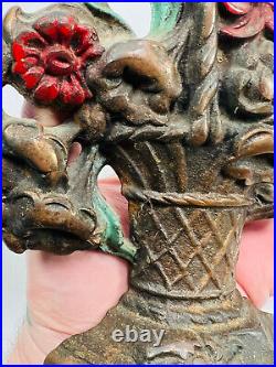 LOVELY antique cast iron flower basket door stop original paint NICE