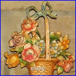Large Antique Painted Cast Iron Enameled Flower Basket Handled Doorstop