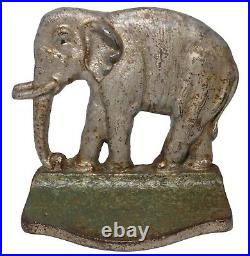 Late 19th C Antique Painted Cast Iron Tusked Elephant Doorstop In Silver/grn/blk