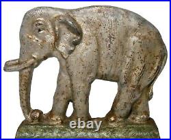 Late 19th C Antique Painted Cast Iron Tusked Elephant Doorstop In Silver/grn/blk