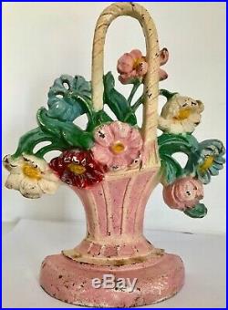 Lovely Genuine Antique Cast Iron Hubley Pink Flower Basket Doorstop #182