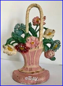 Lovely Genuine Antique Cast Iron Hubley Pink Flower Basket Doorstop #182