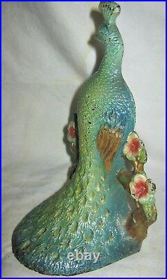 Mint Antique USA Cast Iron # 712 Lacs Peacock Flower Bird Art Doorstop Hubley Us