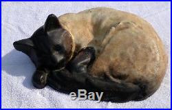 OLD HEAVY CAST IRON LIFE SIZED SIAMESE CURLED CAT DOORSTOP SLEEPING 21 lbs