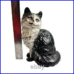 Old Cast Iron Doorstop Sitting Black White Cat Kitten