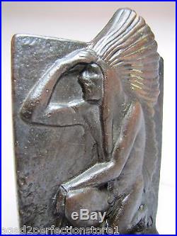 Old Cast Iron Indian Chief Bookend kneeling w tomahawk bronze wash doorstop