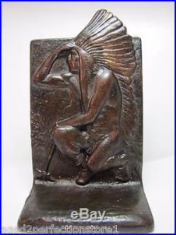 Old Cast Iron Indian Chief Bookend kneeling w tomahawk bronze wash doorstop