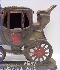 Old Cast Iron Stagecoach Doorstop horses pulling carriage Pat Pend old ori paint