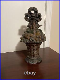 Original Antique Huge 15 Heavy Cast Iron Fruit Basket Doorstop Bow Knot Original Antique Huge 15 Heavy Cast Iron Fruit Basket Doorstop Bow Knot