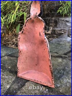 Original antique cast iron Victorian woman in pink dress and hat doorstop c1870