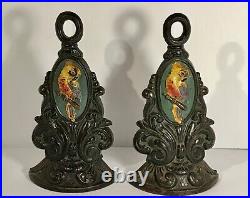 PAIR Antique Cast Iron Parrot Cockatoo Door Stops Original Paint Early 20th C PAIR Antique Cast Iron Parrot Cockatoo Door Stops Original Paint Early 20th C