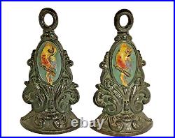 PAIR Antique Cast Iron Parrot Cockatoo Door Stops Original Paint Early 20th C PAIR Antique Cast Iron Parrot Cockatoo Door Stops Original Paint Early 20th C