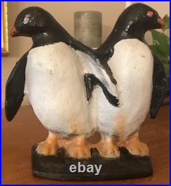 PENGUINS Antique Cast Iron Twin Birds Doorstop Decorative Art Statue VTG 1930s