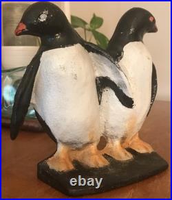 PENGUINS Antique Cast Iron Twin Birds Doorstop Decorative Art Statue VTG 1930s