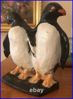 PENGUINS Antique Cast Iron Twin Birds Doorstop Decorative Art Statue VTG 1930s