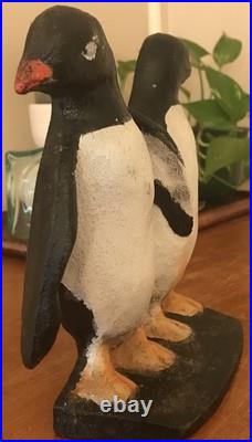 PENGUINS Antique Cast Iron Twin Birds Doorstop Decorative Art Statue VTG 1930s