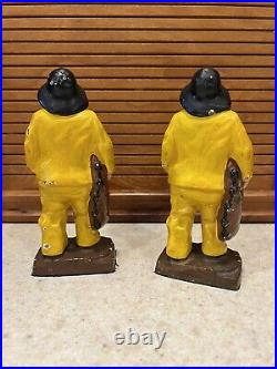 Pair Antique Cast Iron Old Salt Fisherman Statue Figure Bookend Doorstop