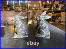 Pair Antique Or Vintage Rabbit Doorstops Bookends Cast Iron With Brass Finish