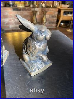 Pair Antique Or Vintage Rabbit Doorstops Bookends Cast Iron With Brass Finish