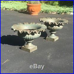 Pair Of Vintage And Rare Cast Iron Planters Urns With Ruffled Edge And Old Paint