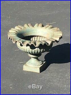 Pair Of Vintage And Rare Cast Iron Planters Urns With Ruffled Edge And Old Paint