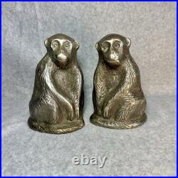 Pair Vintage Heavy Silver Cast Iron Monkey Chimpanzee Bookends Doorstop Statue