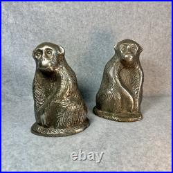 Pair Vintage Heavy Silver Cast Iron Monkey Chimpanzee Bookends Doorstop Statue